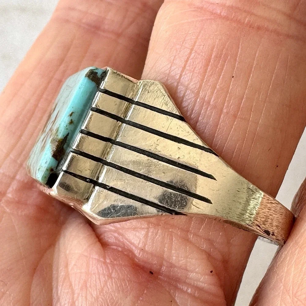 Navajo Turquoise Mens Ring Sz 13 Rectangle Signed Jack‎ Sterling 14mm Cracked